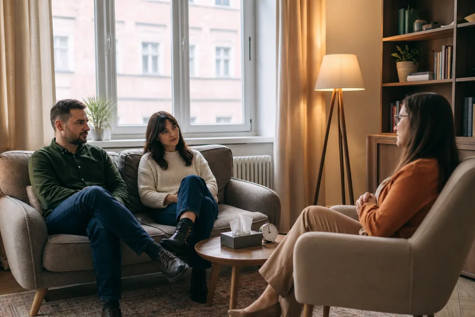 Terapeutka prowadzi sesję z parą w gabinecie z sofą i fotelem