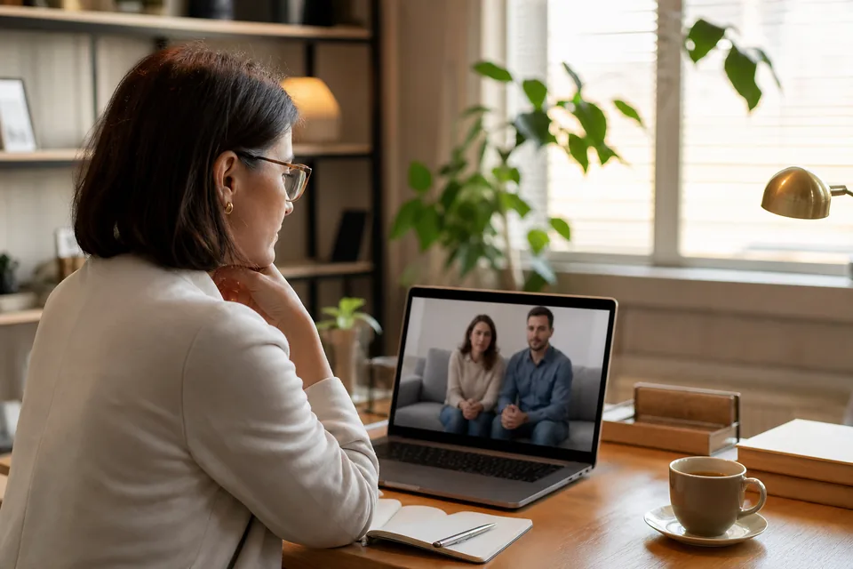 Terapeutka prowadzi sesję terapii par przez wideo z laptopa w jasnym gabinecie